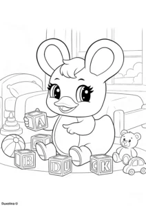 Duxelina coloring page showing Duxelina playing with toy blocks in a cozy room