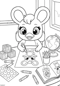 Duxelina drawing at her desk coloring page preview