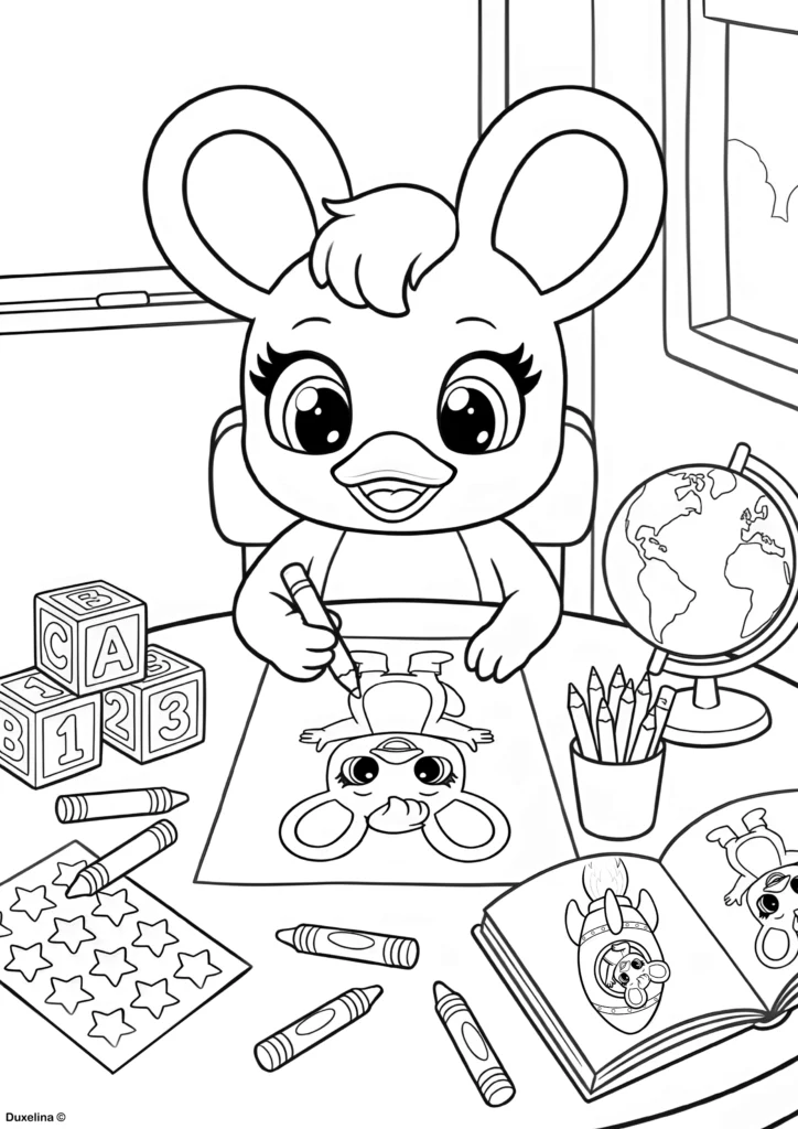 Duxelina drawing at her desk coloring page preview