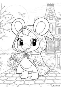 Duxelina coloring page in a Halloween costume with a pumpkin basket