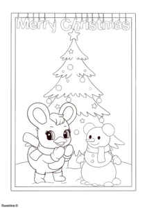 Duxelina coloring page with a snowman and Christmas tree in winter