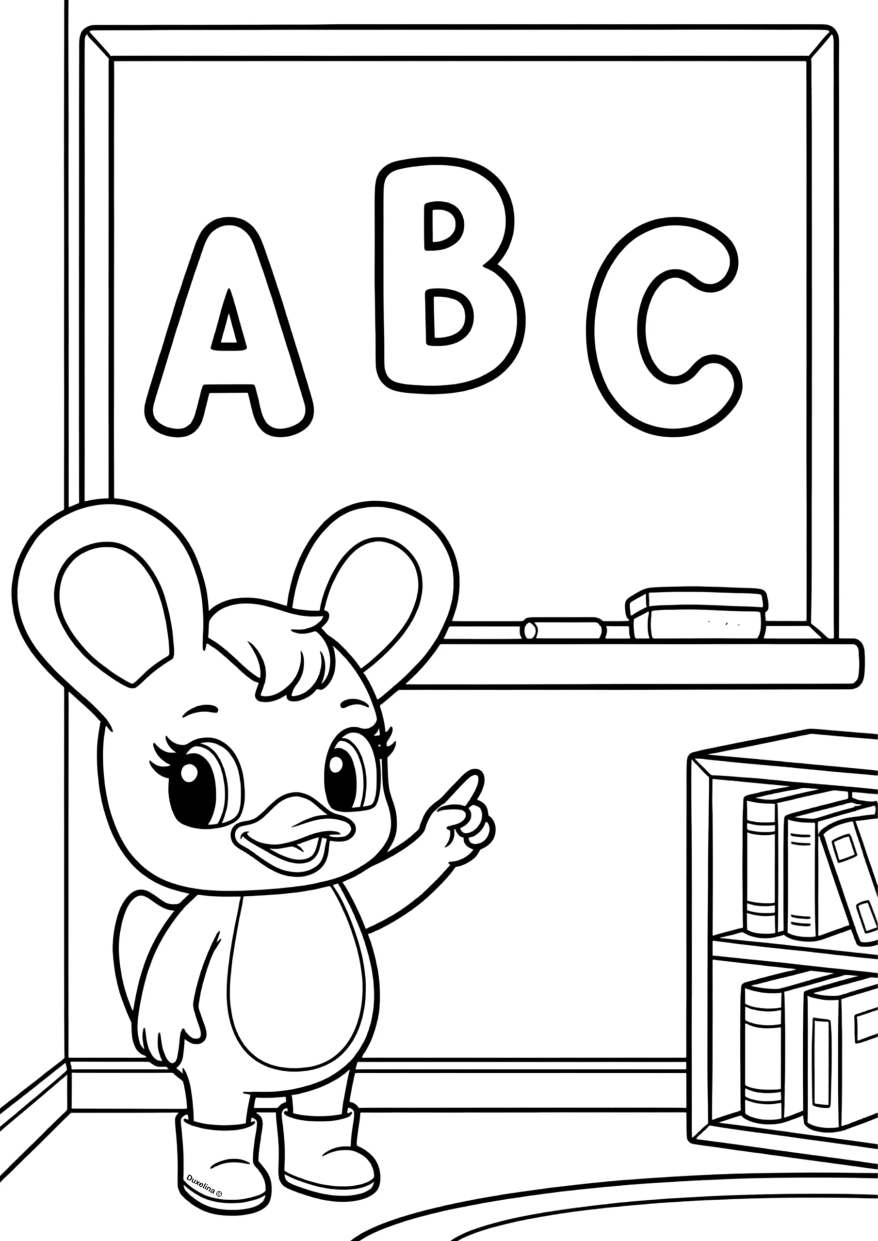 Duxelina teaching the ABC letters classroom coloring page