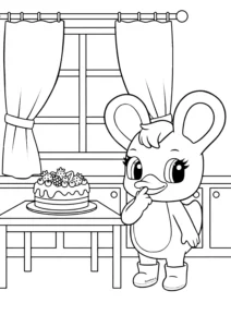 Duxelina standing next to a cake free printable coloring page