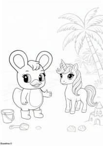Duxelina coloring page meeting a unicorn on the beach