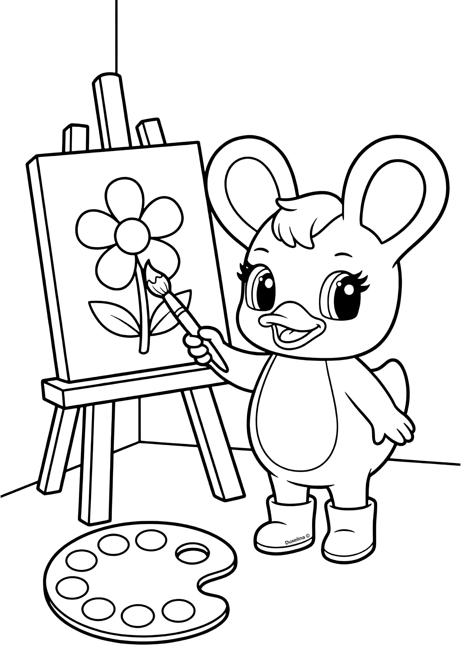 Duxelina painting a flower during art class coloring page