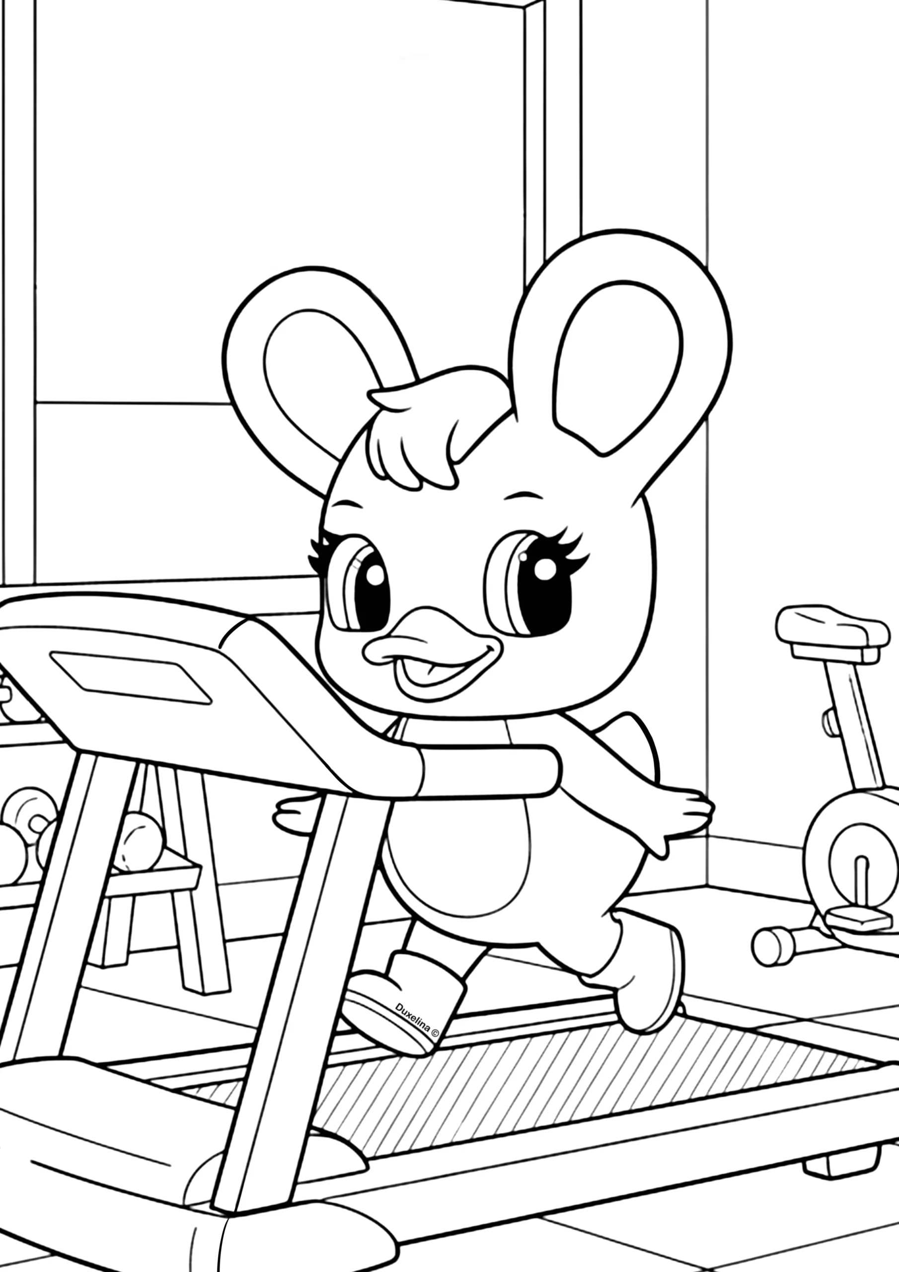 Duxelina running on a treadmill in a gym coloring page