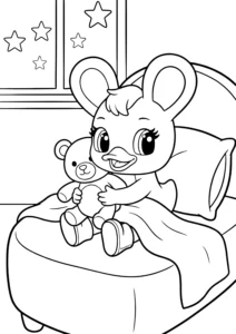 This free printable coloring page shows Duxelina sitting in bed, cuddling a teddy bear before bedtime. The peaceful scene focuses on comfort, routine, and winding down at the end of the day. Bedtime coloring pages help children relax and prepare for sleep in a gentle way. The simple lines and friendly illustration make this page perfect for toddlers, preschoolers, and young children. This coloring page is ideal for evening activities at home, daycare quiet time, or bedtime routines.