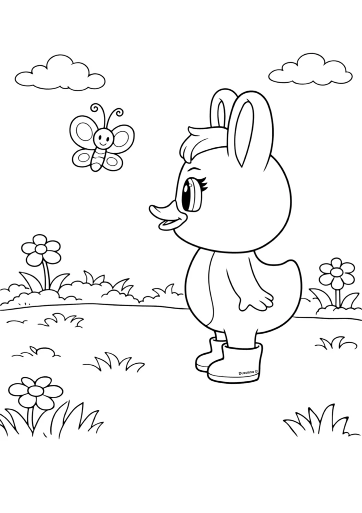 Duxelina watching a butterfly in a garden coloring page
