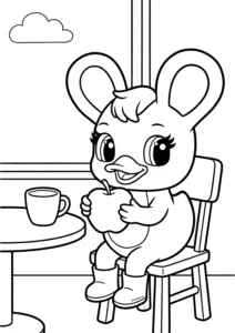 Duxelina eating an apple at the table coloring page