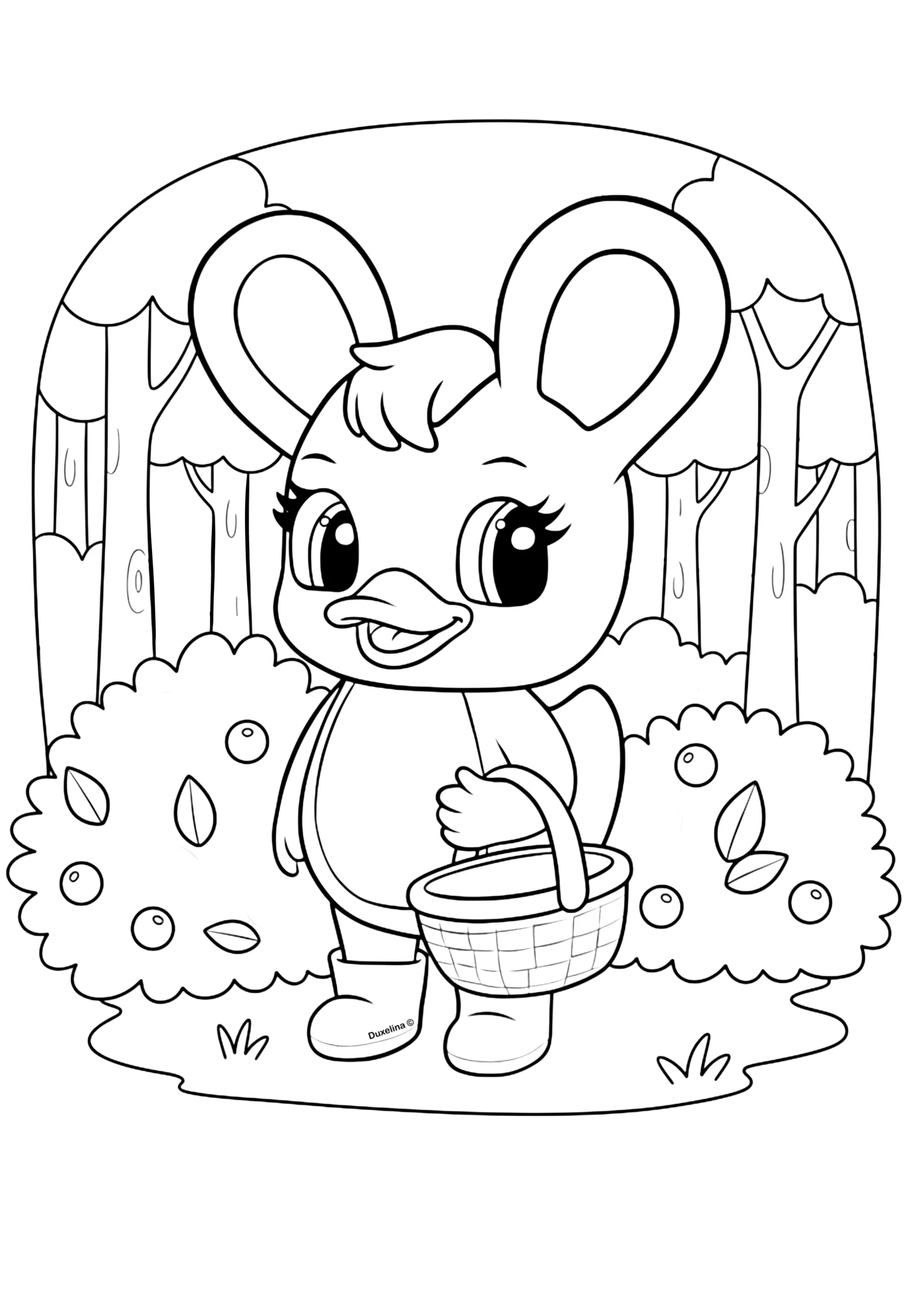 Duxelina walking in the forest with a basket free printable coloring page