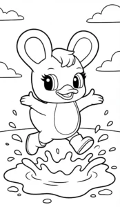 Duxelina jumping happily in a puddle – free coloring page for kids