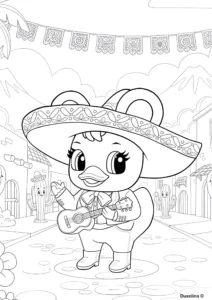 Duxelina coloring page wearing a sombrero and playing mariachi music