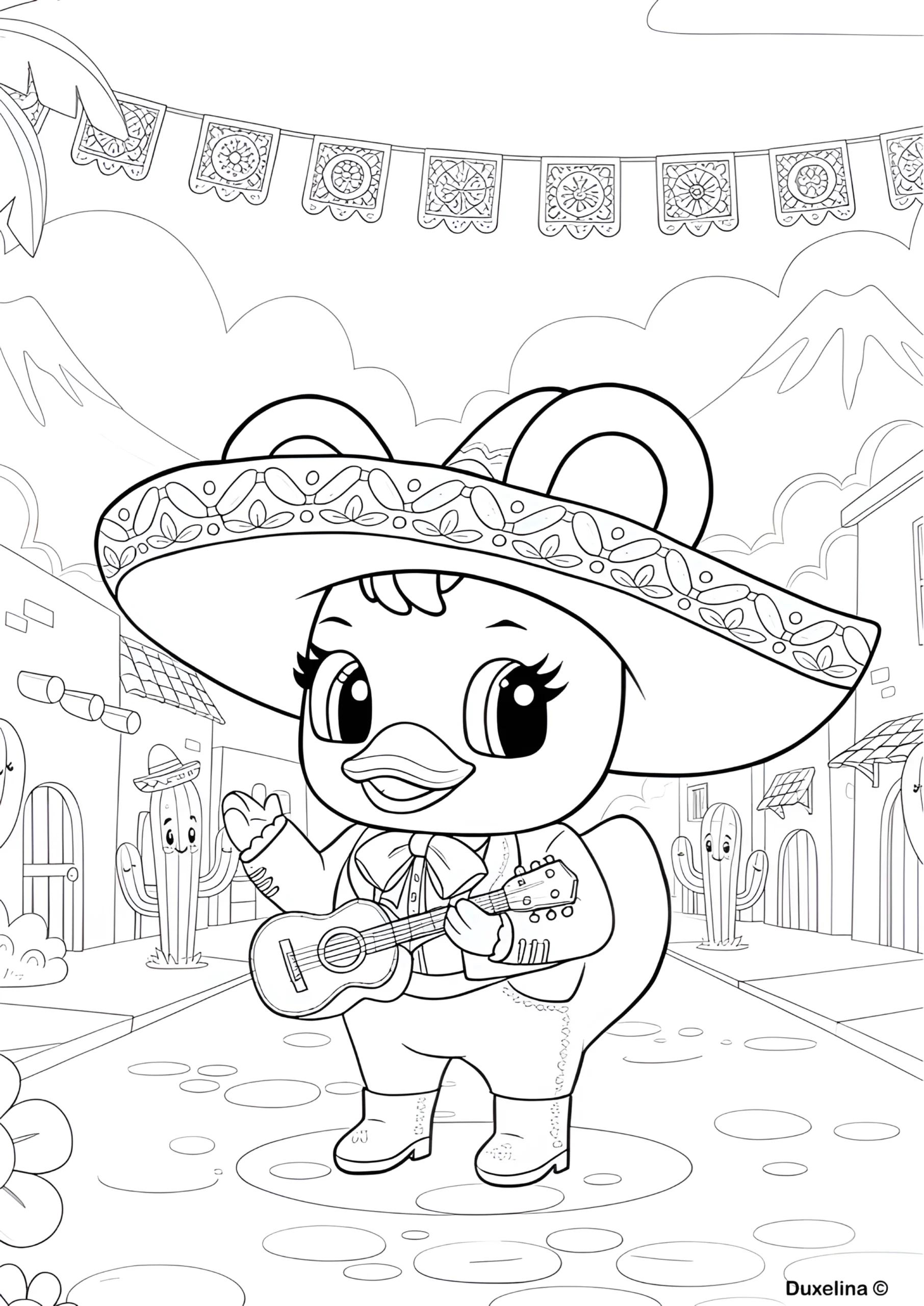 Duxelina coloring page wearing a sombrero and playing mariachi music