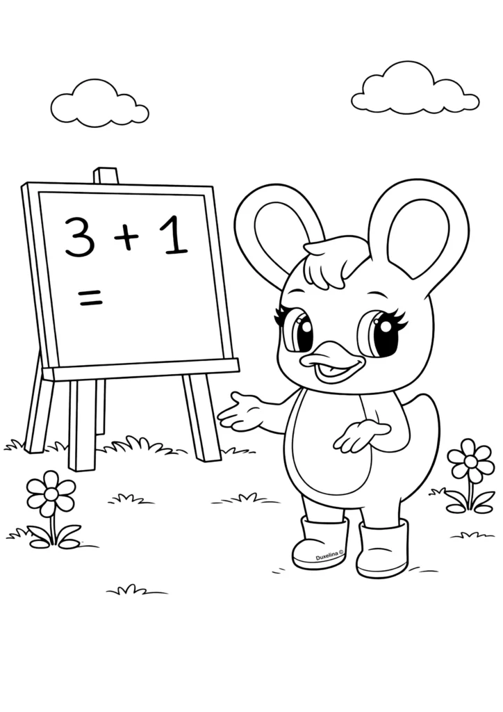 Duxelina teaching a math lesson with numbers coloring page