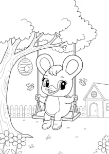 Duxelina sitting on a swing under a tree coloring page