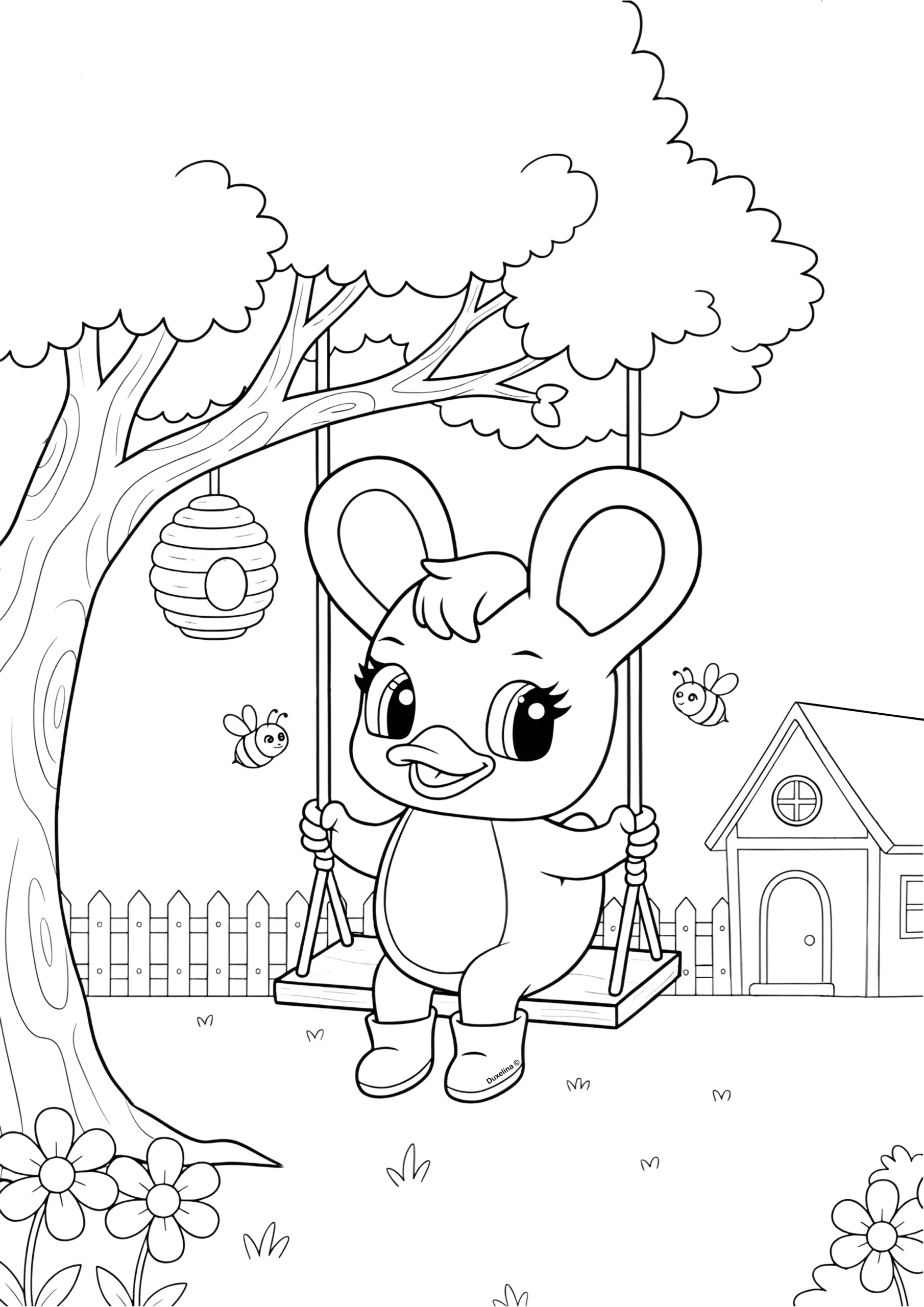 Duxelina sitting on a swing under a tree coloring page