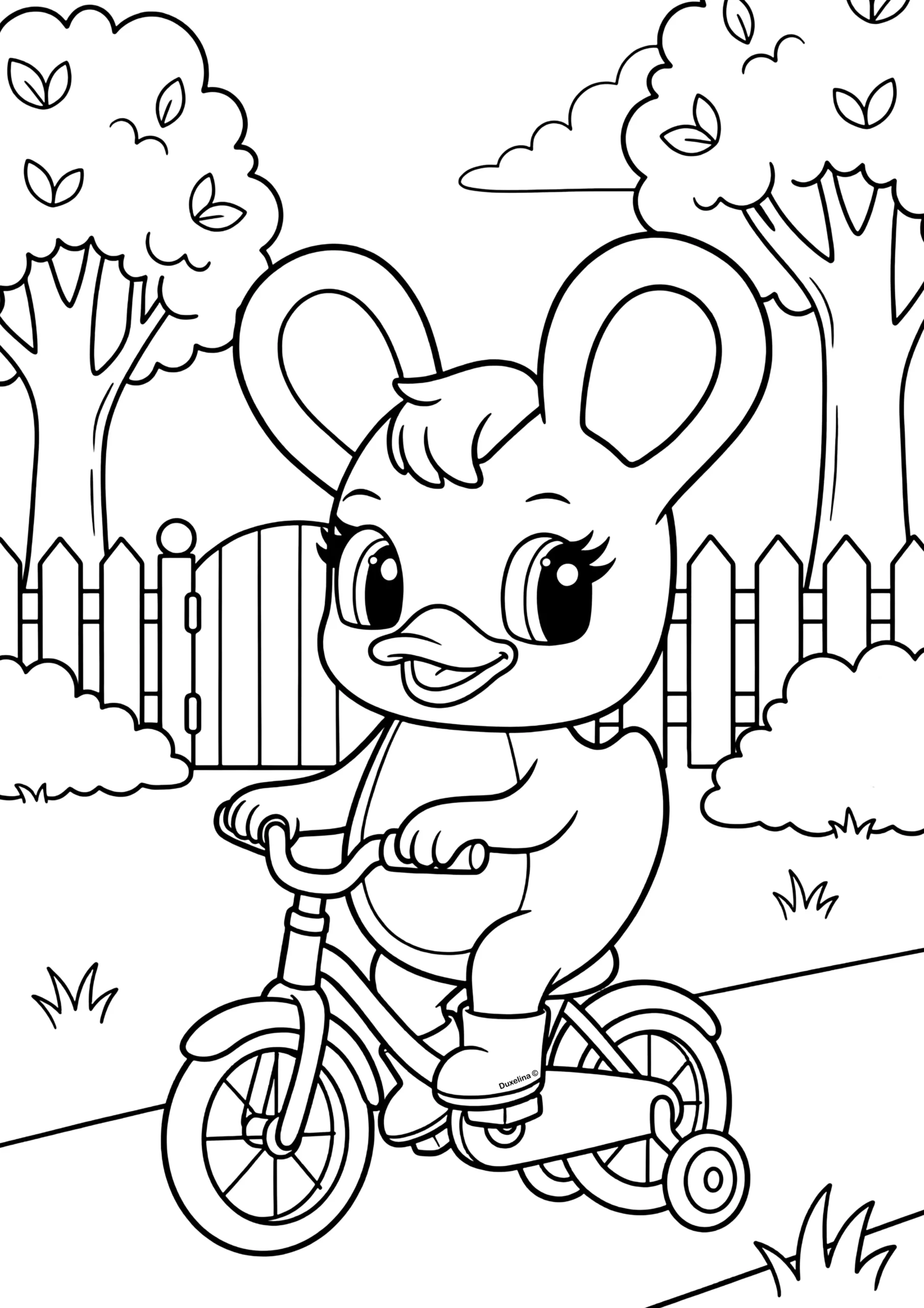 Duxelina on her bike outdoor free printable coloring page