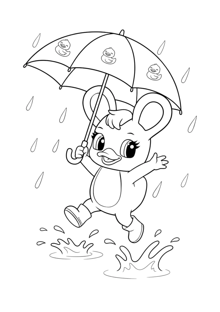Duxelina jumping in rain puddles with an umbrella coloring page