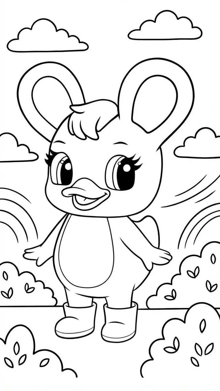Duxelina standing in a rainbow garden coloring page preview
