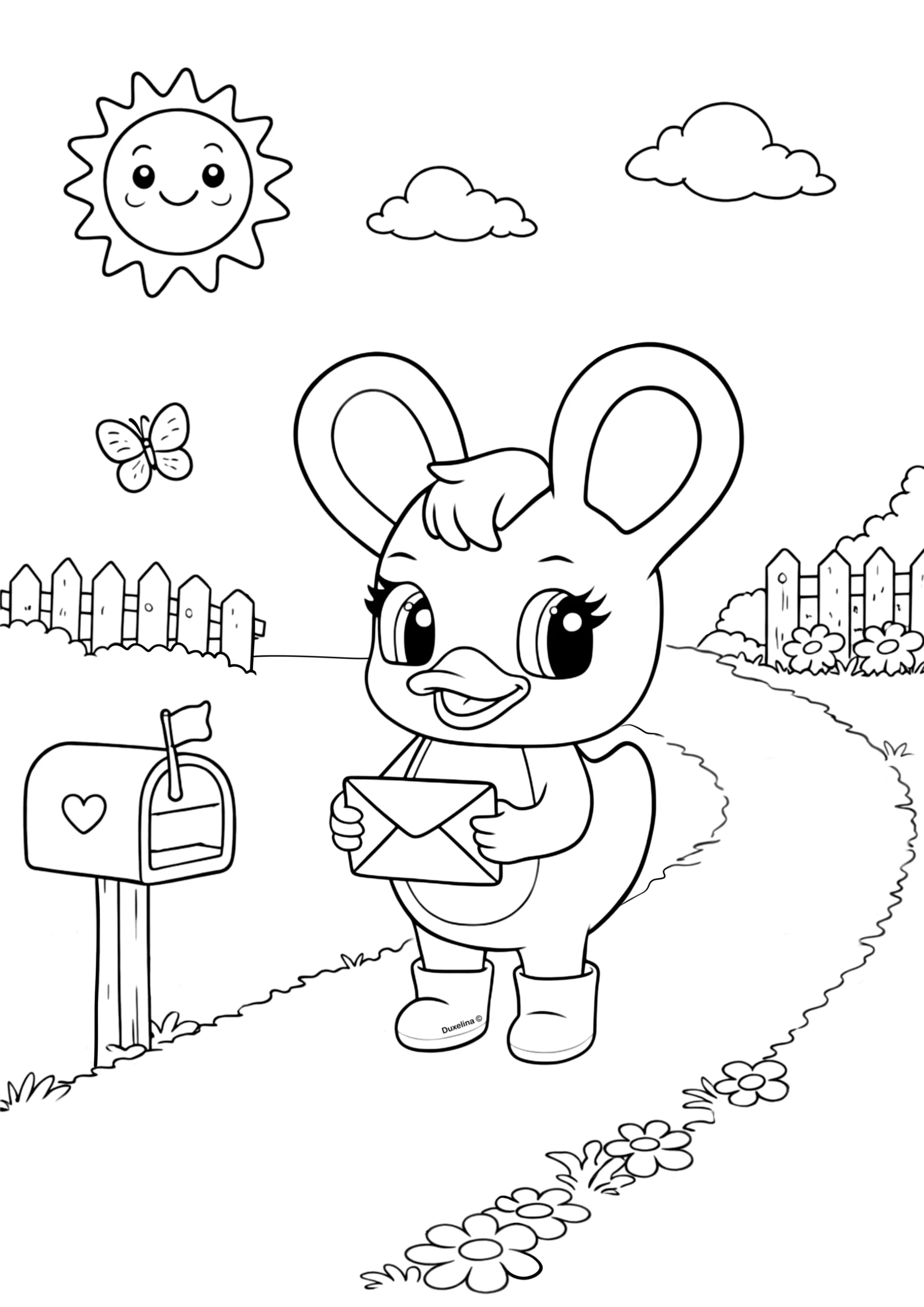 Duxelina receiving a letter coloring page