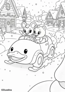 Duxelina coloring page showing a winter ride through a snowy village
