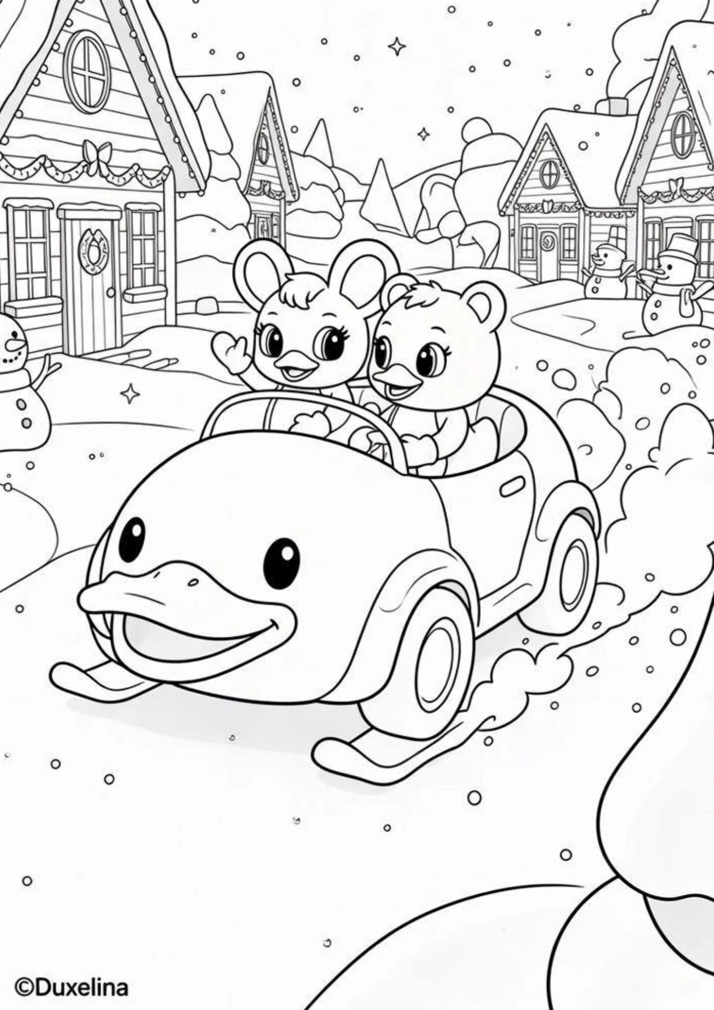 Duxelina coloring page showing a winter ride through a snowy village