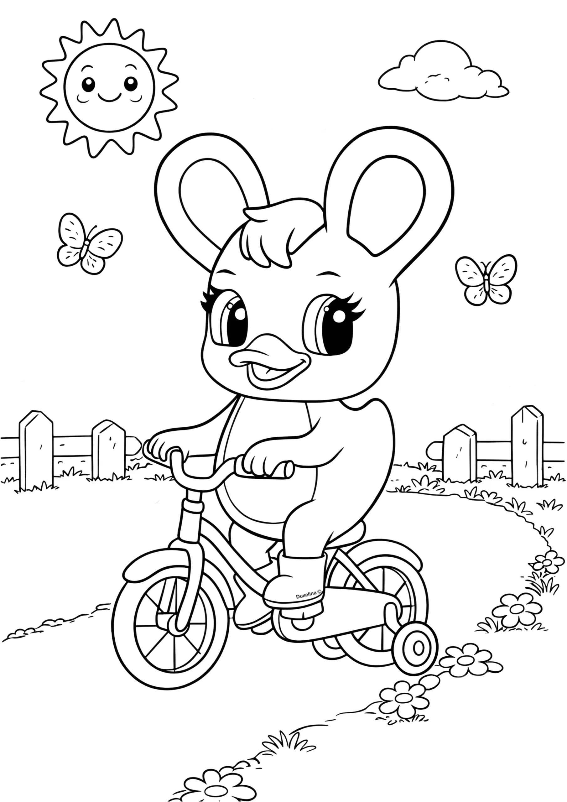 Duxelina riding a bike outdoors coloring page