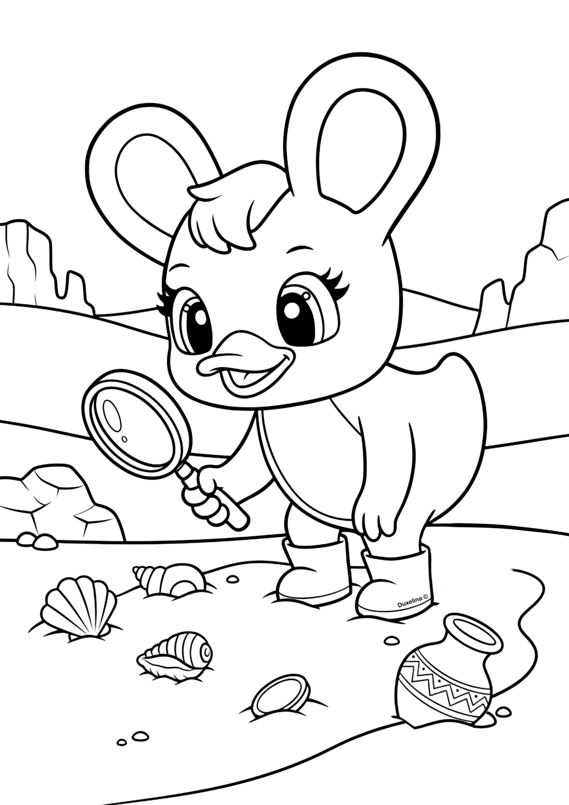 Duxelina exploring sea shells on the beach coloring page
