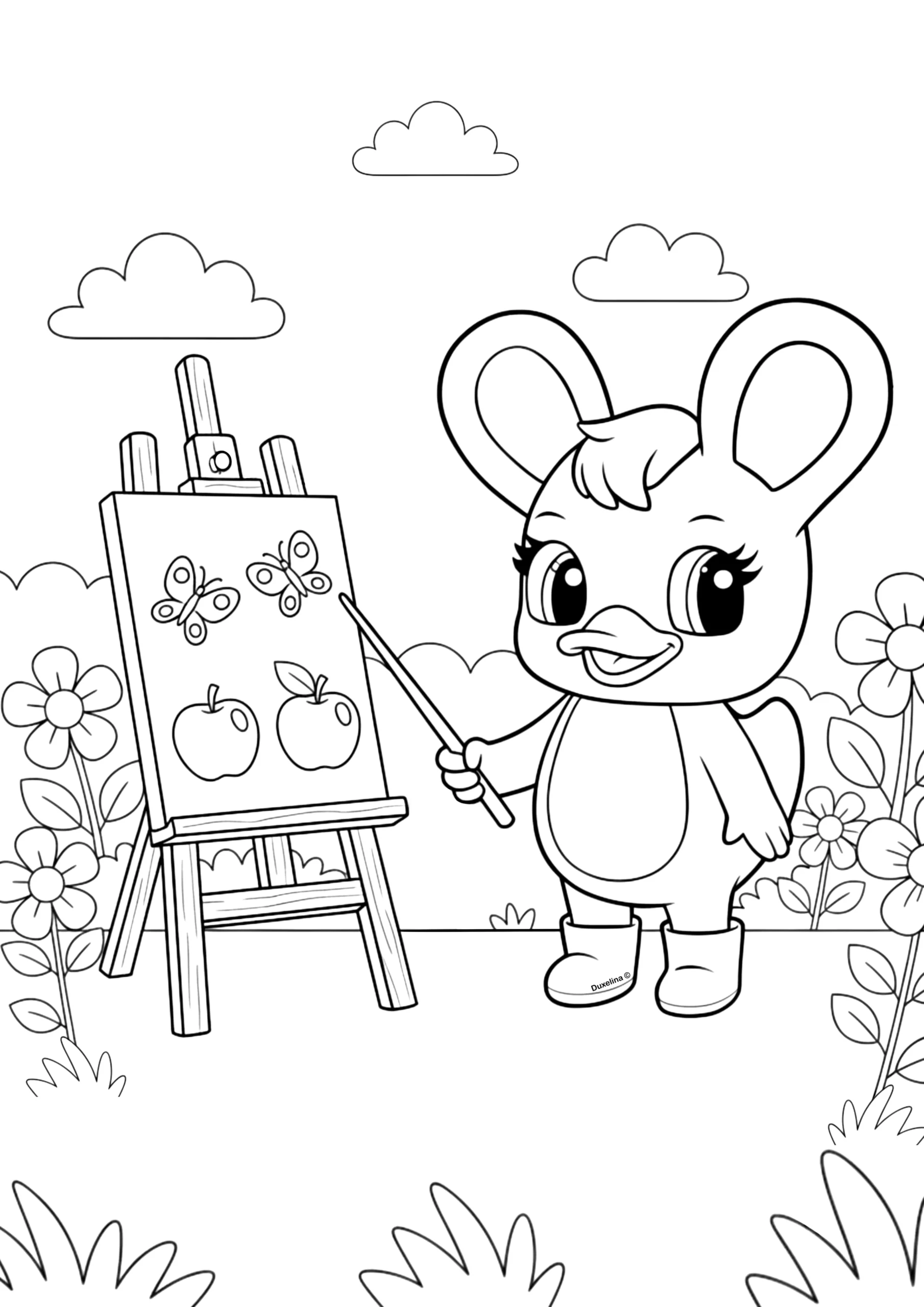 Duxelina teacher coloring page with classroom board