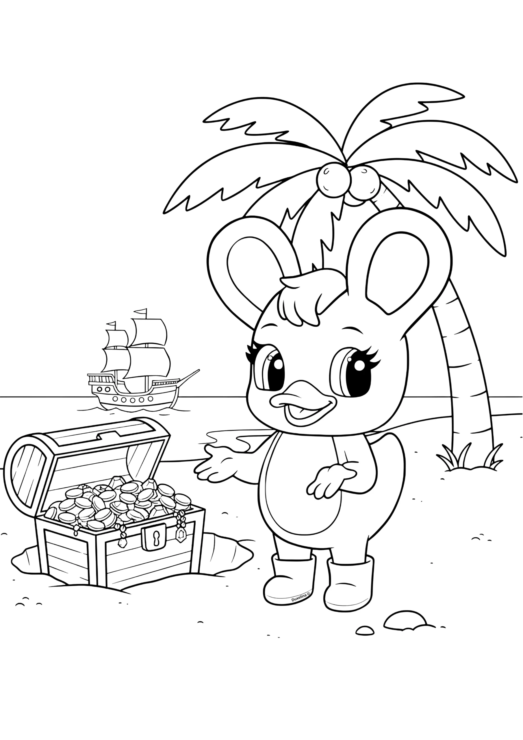 Duxelina discovering a treasure chest on a tropical island coloring page