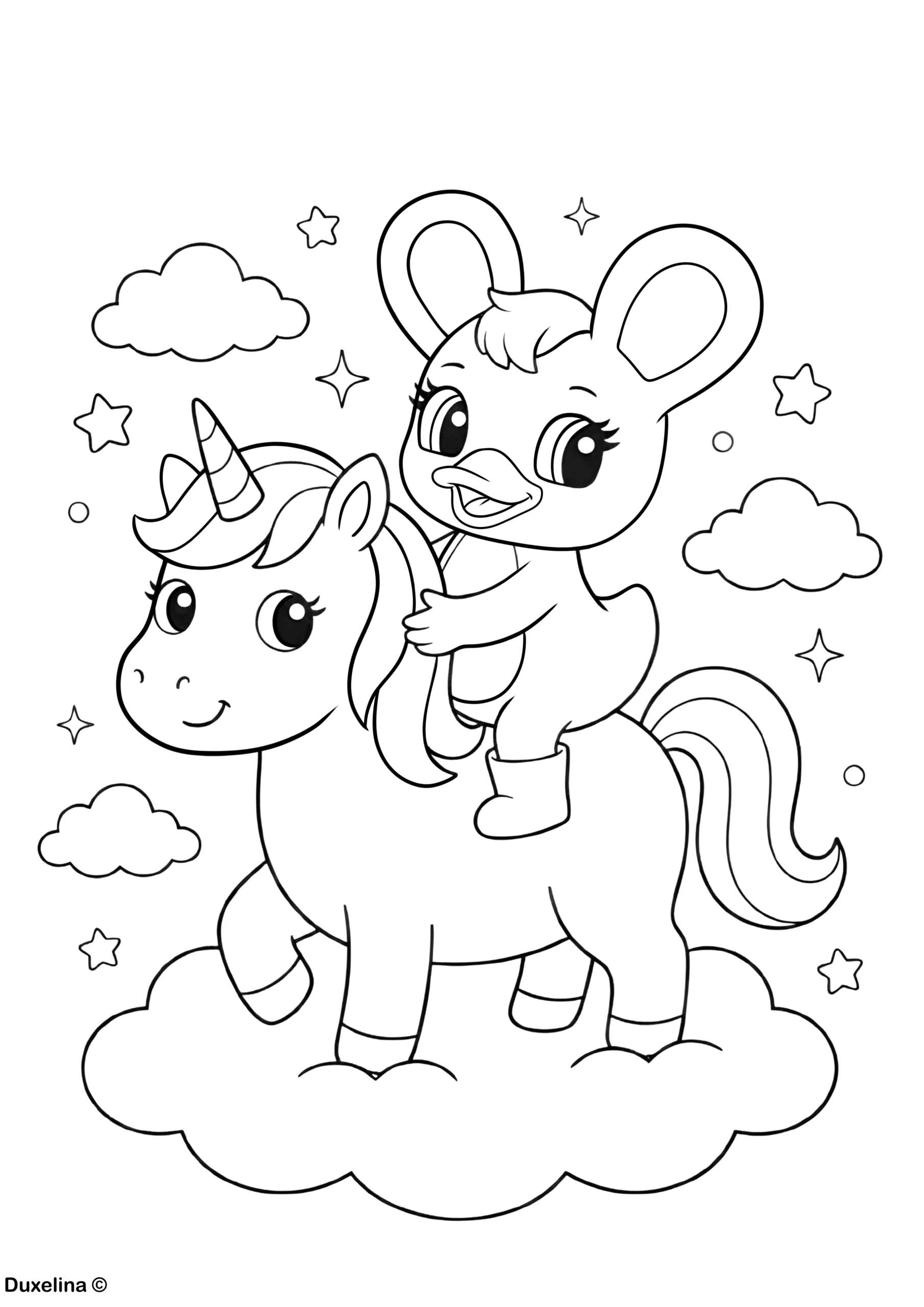 Duxelina riding a unicorn in the clouds coloring page