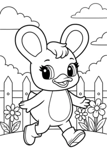 Duxelina walking in a garden with flowers free printable coloring page