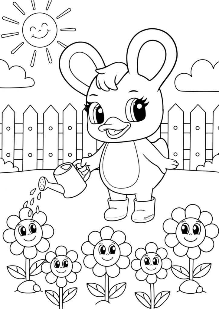 Duxelina watering flowers in a garden free printable coloring page