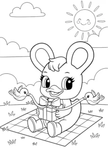 Free Duxelina coloring page showing Duxelina holding a gift during a picnic. Ideal for young children.