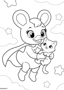 Duxelina flying as a superhero while holding a cat coloring page