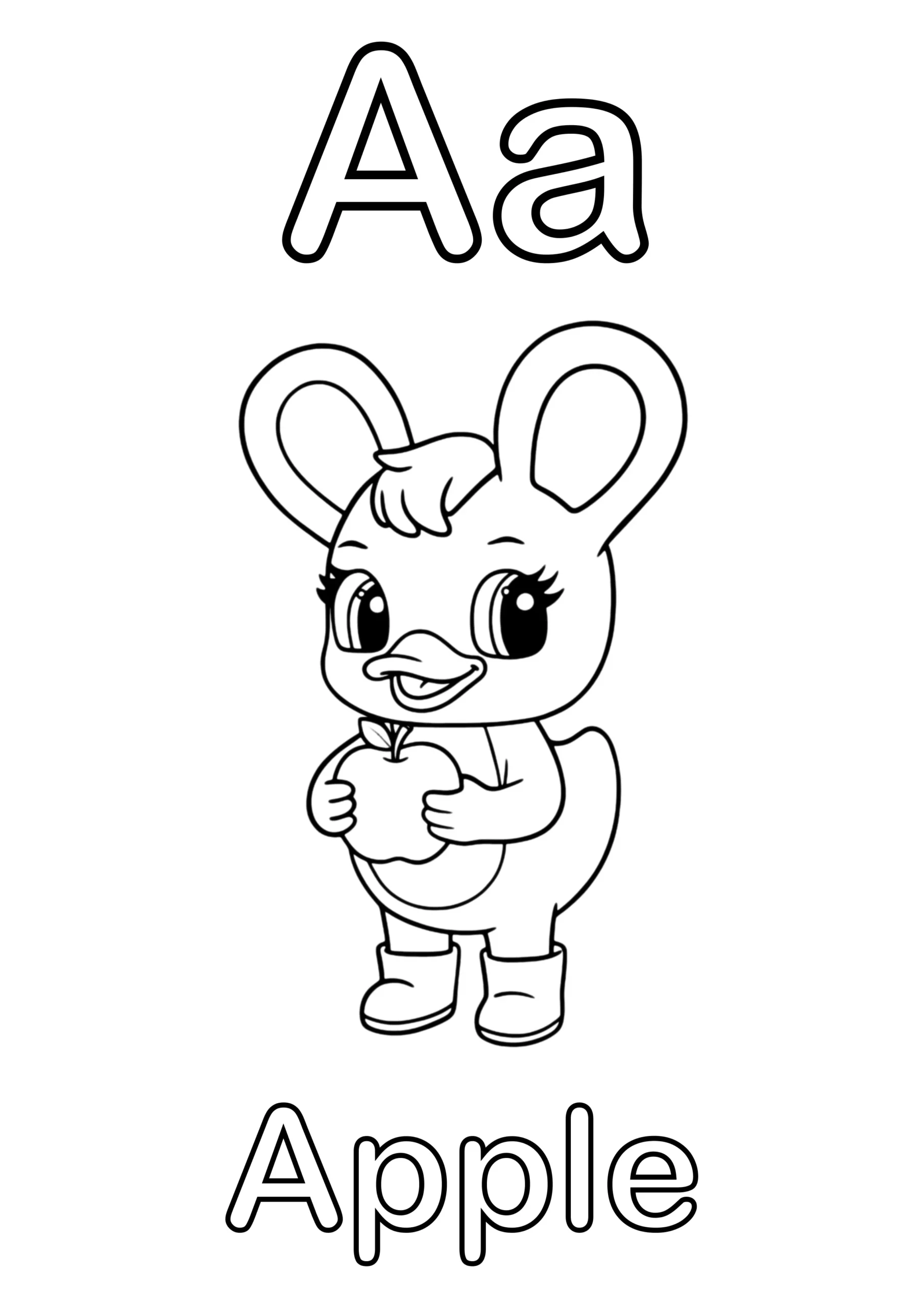 Duxelina holding an apple with the text "Aa" at the top and the word "Apple" at the bottom.