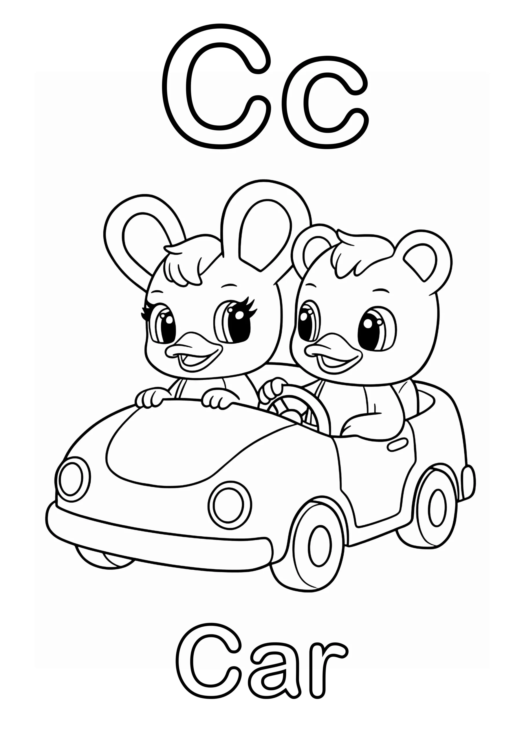 Duxelina and a friend driving a car with the text "Cc" at the top and the word "Car" at the bottom.