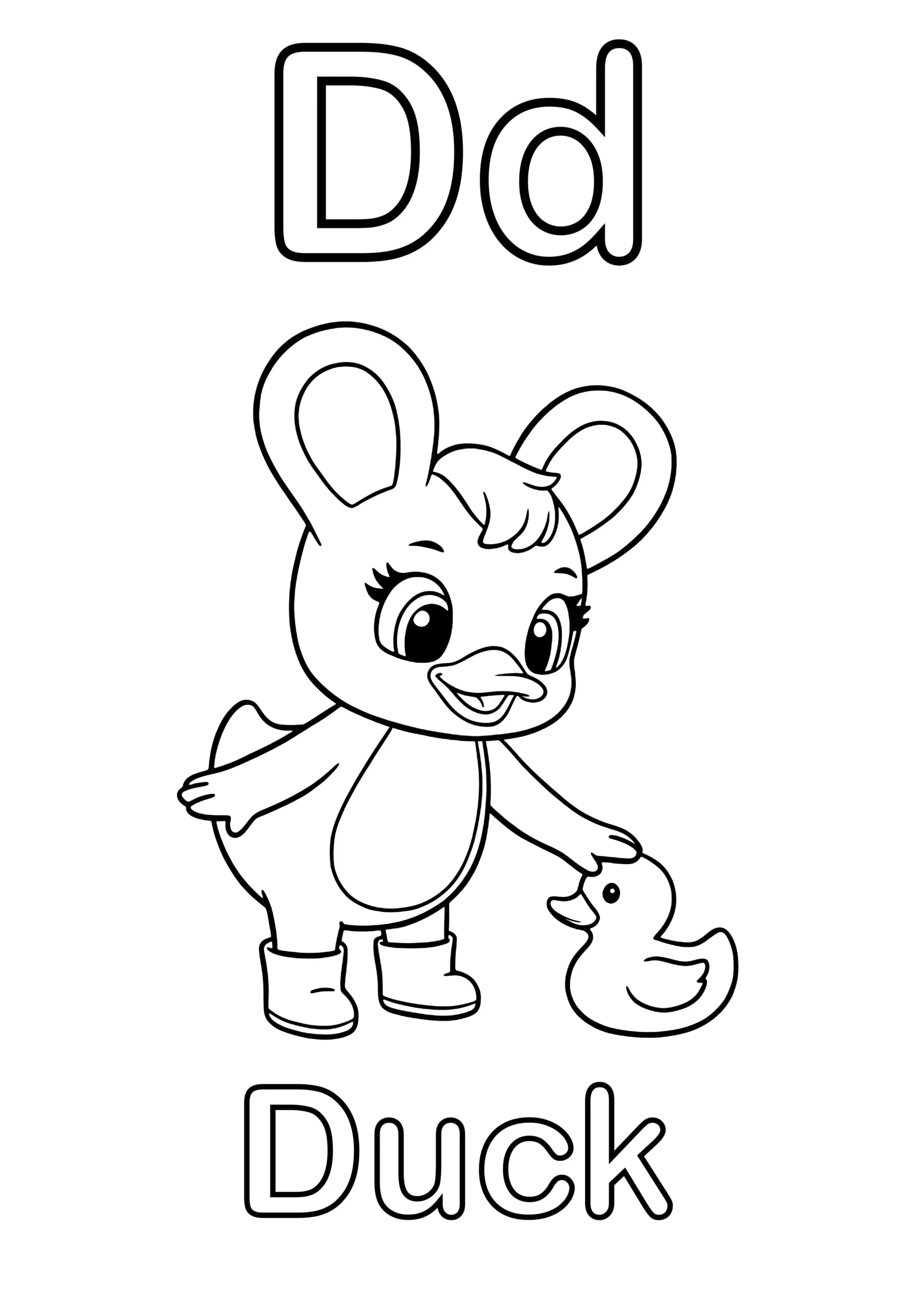 Duxelina petting a small duck with the text "Dd" at the top and the word "Duck" at the bottom.