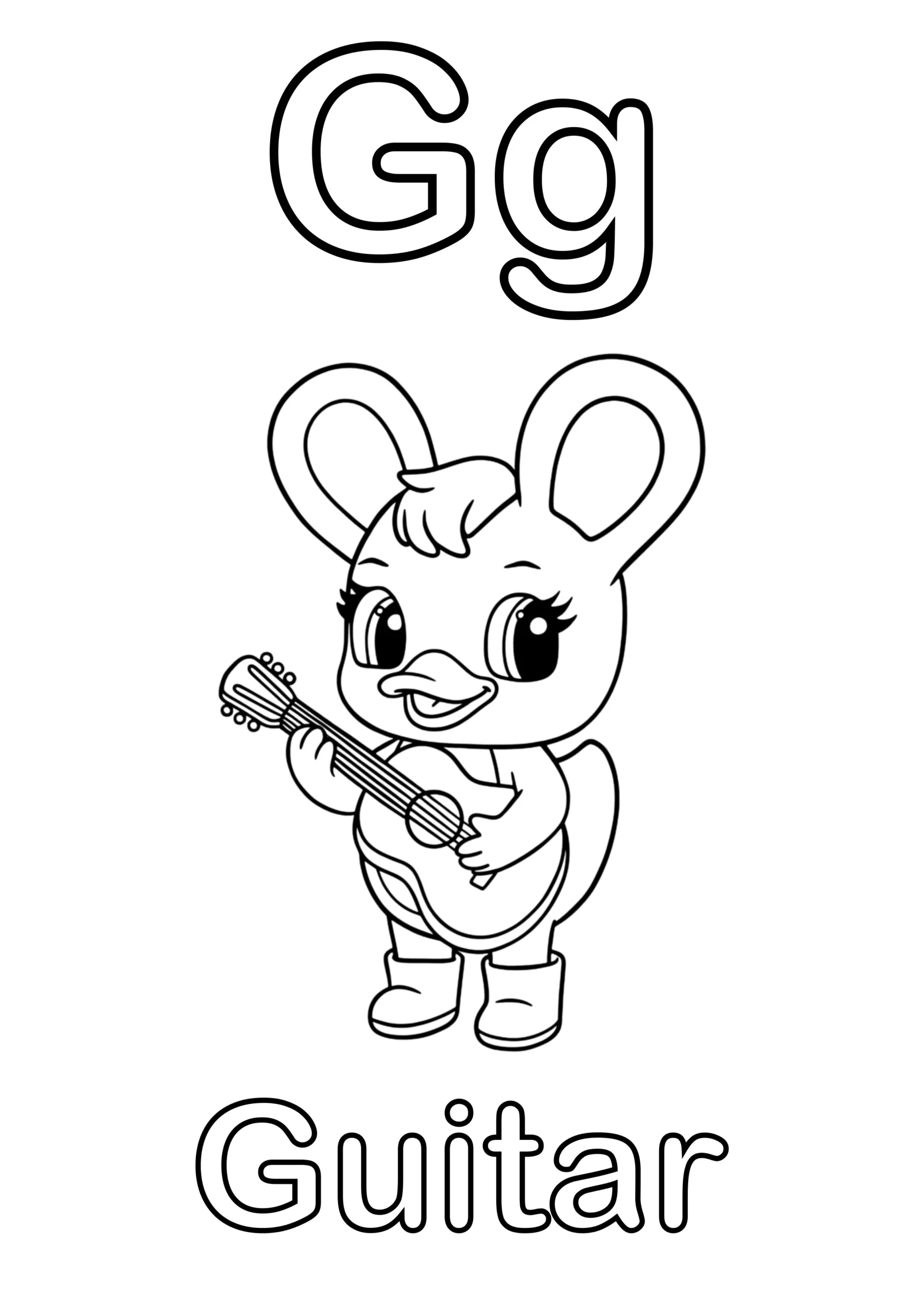 Duxelina playing a guitar with the text "Gg" at the top and the word "Guitar" at the bottom.