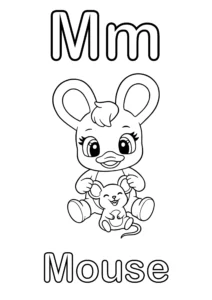 Duxelina sitting and holding a smiling little mouse with the text "Mm" at the top and the word "Mouse" at the bottom.