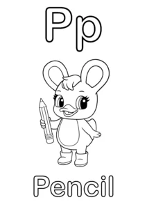 Duxelina holding a large pencil with the text "Pp" at the top and the word "Pencil" at the bottom.