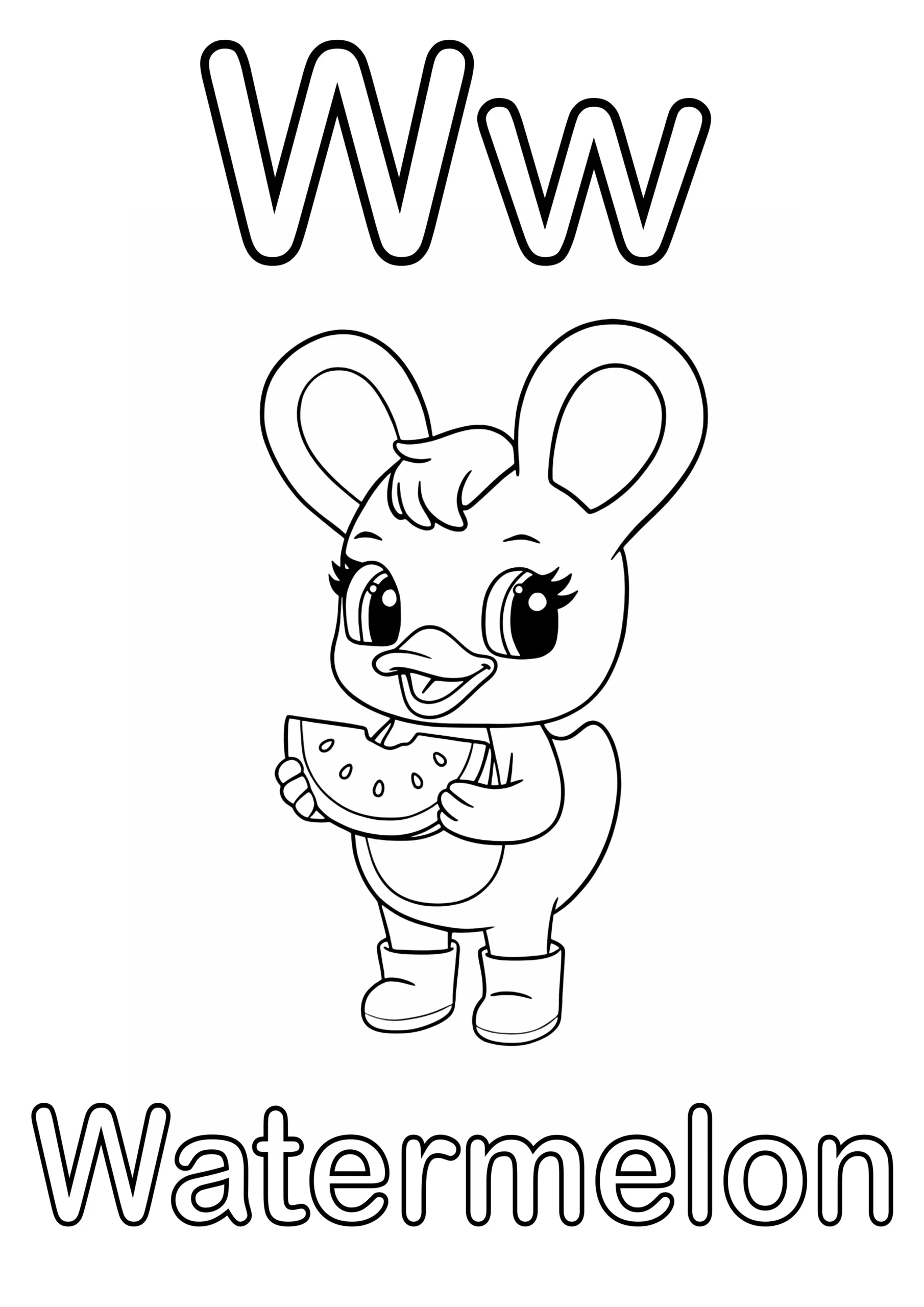 Duxelina holding a slice of watermelon with the text "Ww" at the top and the word "Watermelon" at the bottom.