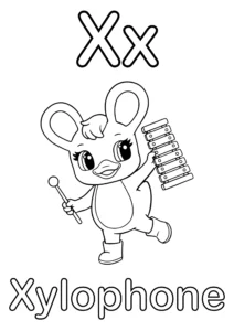 Duxelina holding a xylophone and mallet with the text "Xx" at the top and the word "Xylophone" at the bottom.