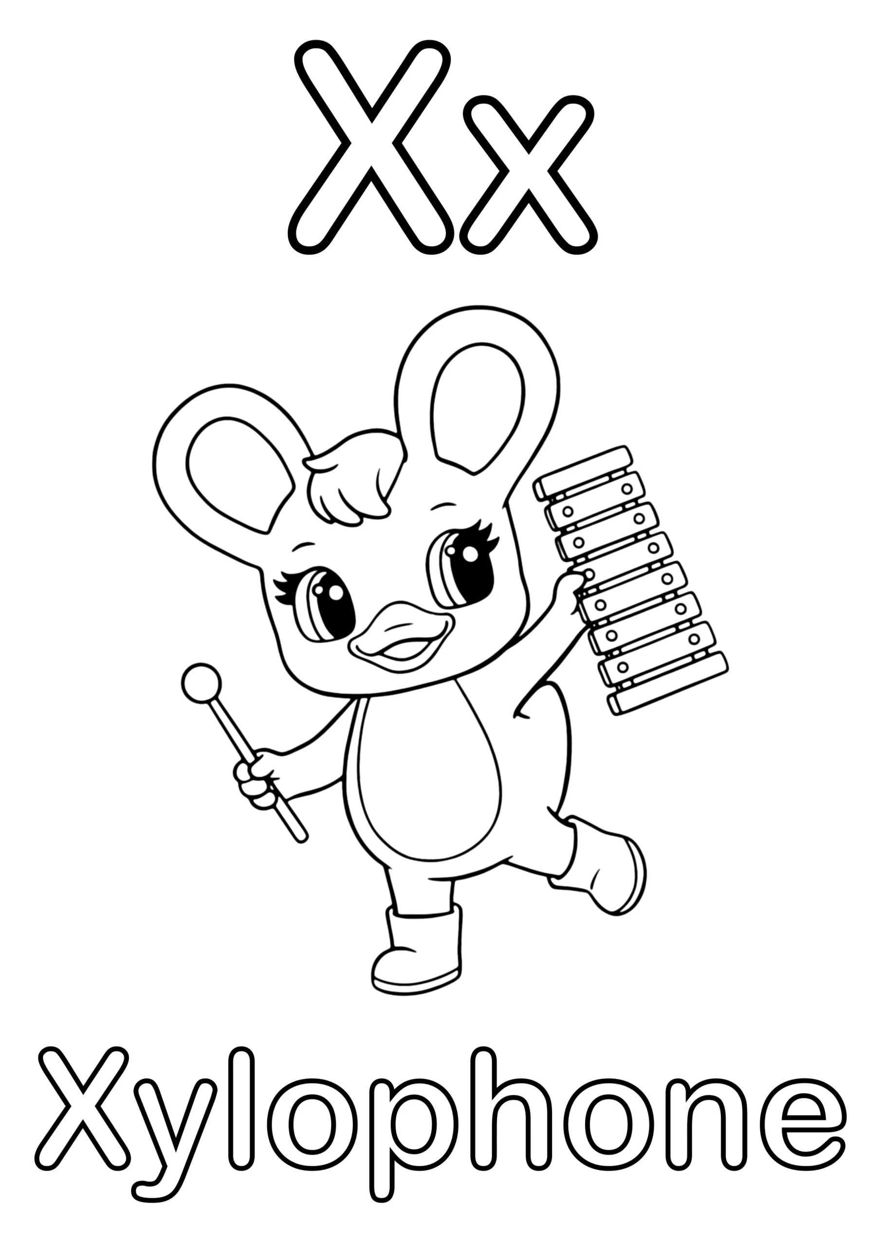 Duxelina holding a xylophone and mallet with the text "Xx" at the top and the word "Xylophone" at the bottom.