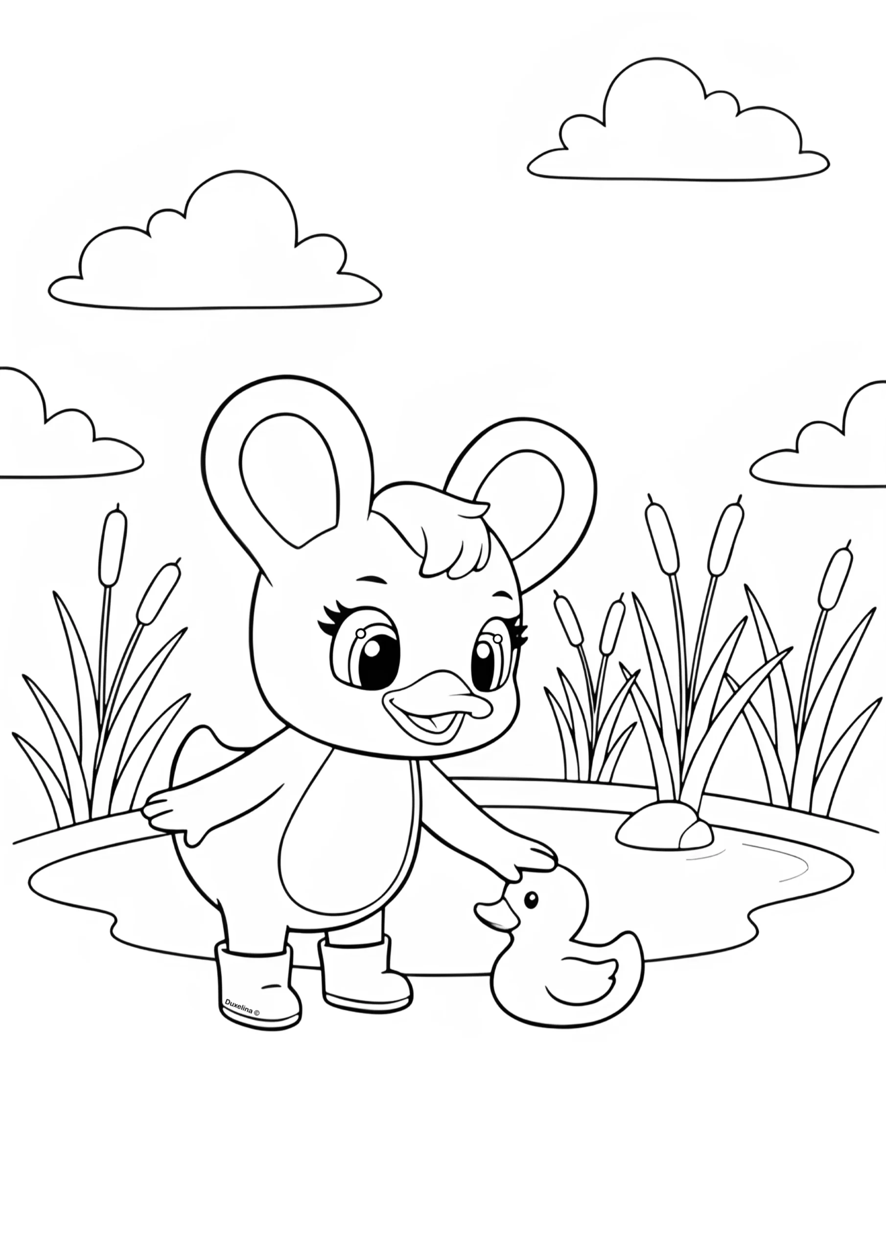 Duxelina standing by a pond and patting a rubber duck with reeds and clouds in the background.
