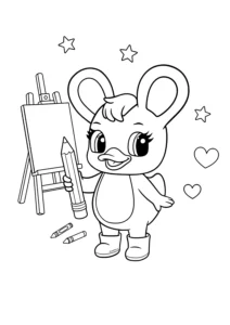 Duxelina holding a large pencil standing next to a blank easel with crayons, stars, and hearts in the background