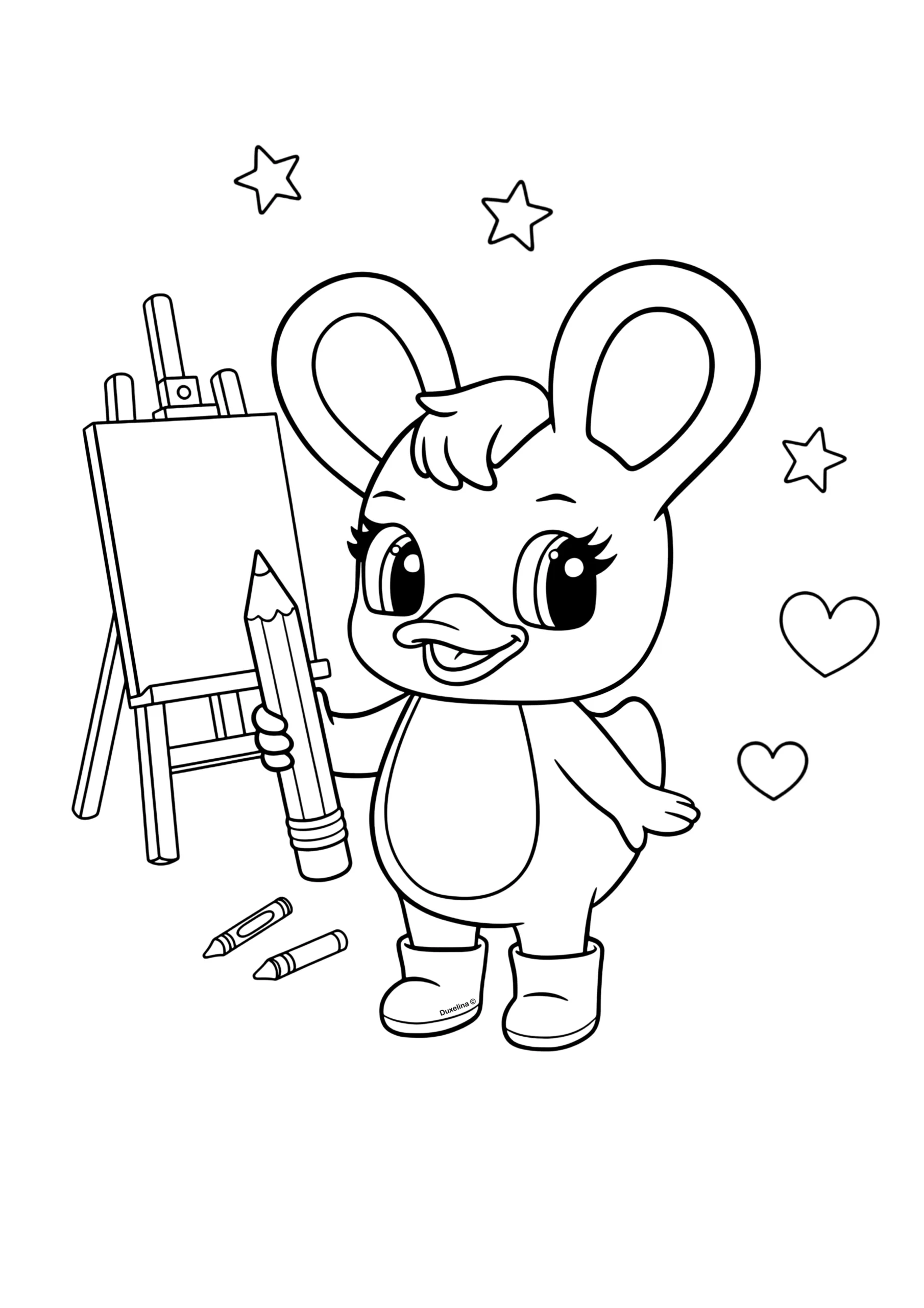 Duxelina holding a large pencil standing next to a blank easel with crayons, stars, and hearts in the background