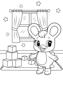 Duxelina standing on a rug in a room with a window and stars on the wall, playing with a stack of building blocks.