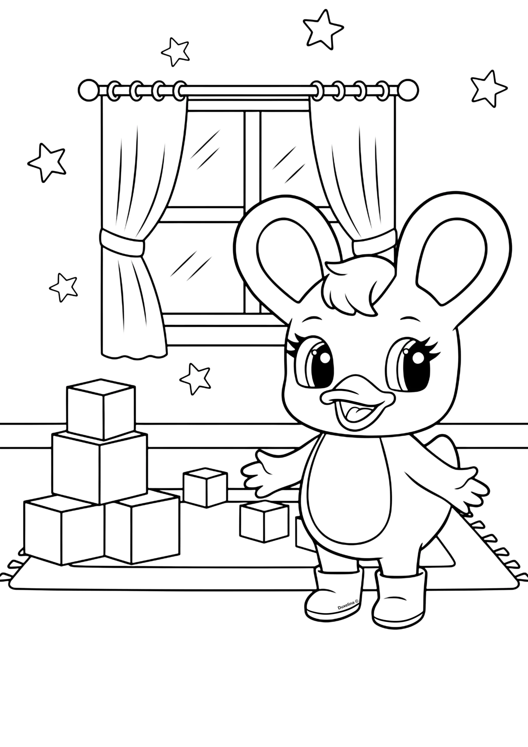 Duxelina standing on a rug in a room with a window and stars on the wall, playing with a stack of building blocks.