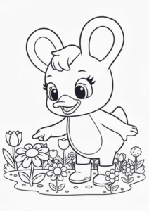 Duxelina standing in a garden patch filled with various blooming flowers, pointing her finger at a large daisy.